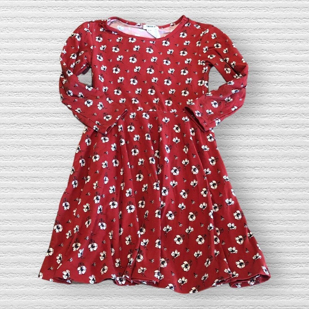 Forever 21 Girl 5-6 Red Floral Print Fit & Flare Long Sleeve Dress
